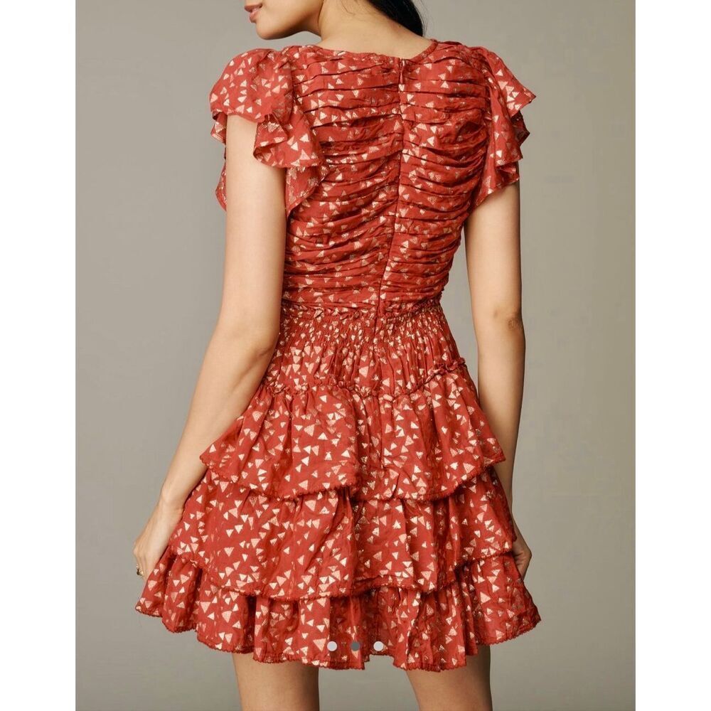 Anthropologie Mini Dress Short Sleeve Ruffled V neck Garnet Red size Large‎ - Picture 2 of 10